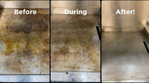 Before, during, and after images of Viking Pure Cleaning Solution being used on a cooktop