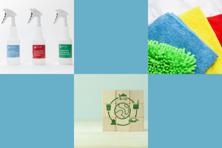 Banner image displaying Viking Pure Solutions Cleaning and Disinfecting spray bottles and multi-color microfiber cloths