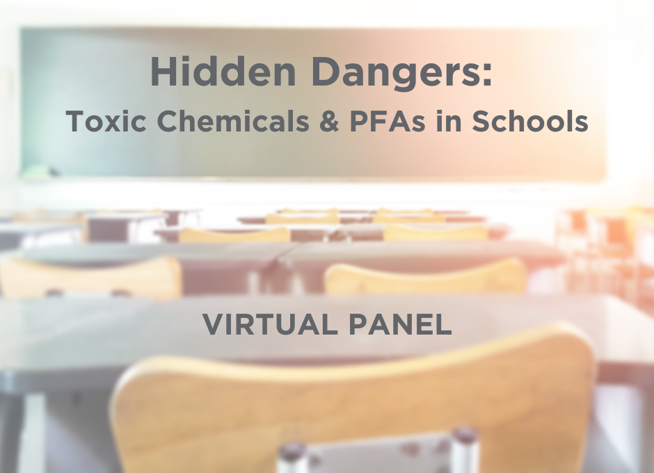 Webinar banner image of an empty class room in a school with a closeup of desks and chairs