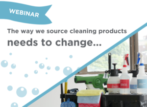 Webinar banner featuring Viking Pure Solutions products on a custodian cart and disinfecting bubbles theme