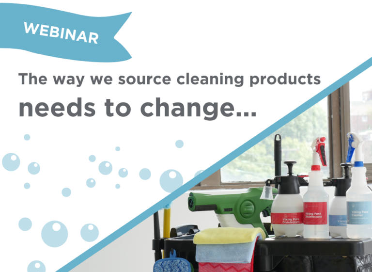 Webinar banner featuring Viking Pure Solutions products on a custodian cart and disinfecting bubbles theme