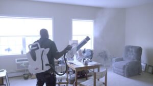 Custodian cleaning a senior living facility with Viking Pure Disinfecting Solution