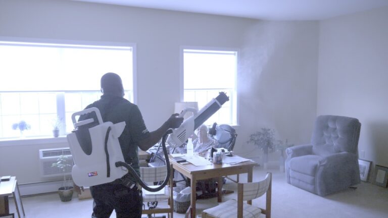 Custodian cleaning a senior living facility with Viking Pure Disinfecting Solution