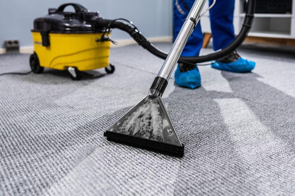 Custodian cleaning a carpet using a vacuum with cleaning solution leaving a visible difference in the area cleaned